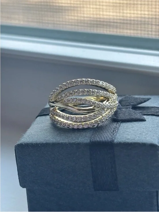 Gold Plated Multi Band Pave CZ Ring Size 6 Layered Wrap Statement Ring - Picture 4 of 11